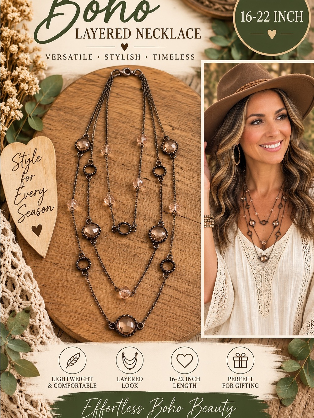 754 Boho Layered Necklace — Bronze Finish with Champagne Beads